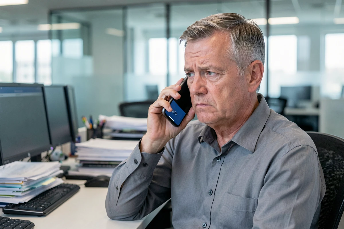 Homme en bureau recevant un appel téléphonique suspect avec le préfixe 0270 sur son téléphone