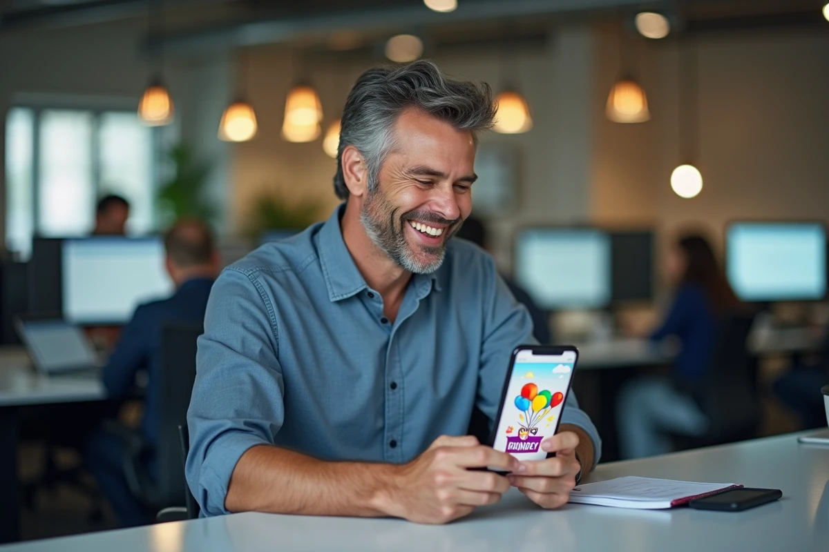Homme au bureau affichant un GIF d'anniversaire animé drôle sur son smartphone sans filigrane
