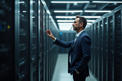 Homme d affaires examine un centre de données moderne