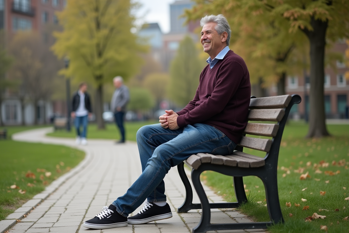 Homme en jeans décontractés discutant dans un parc