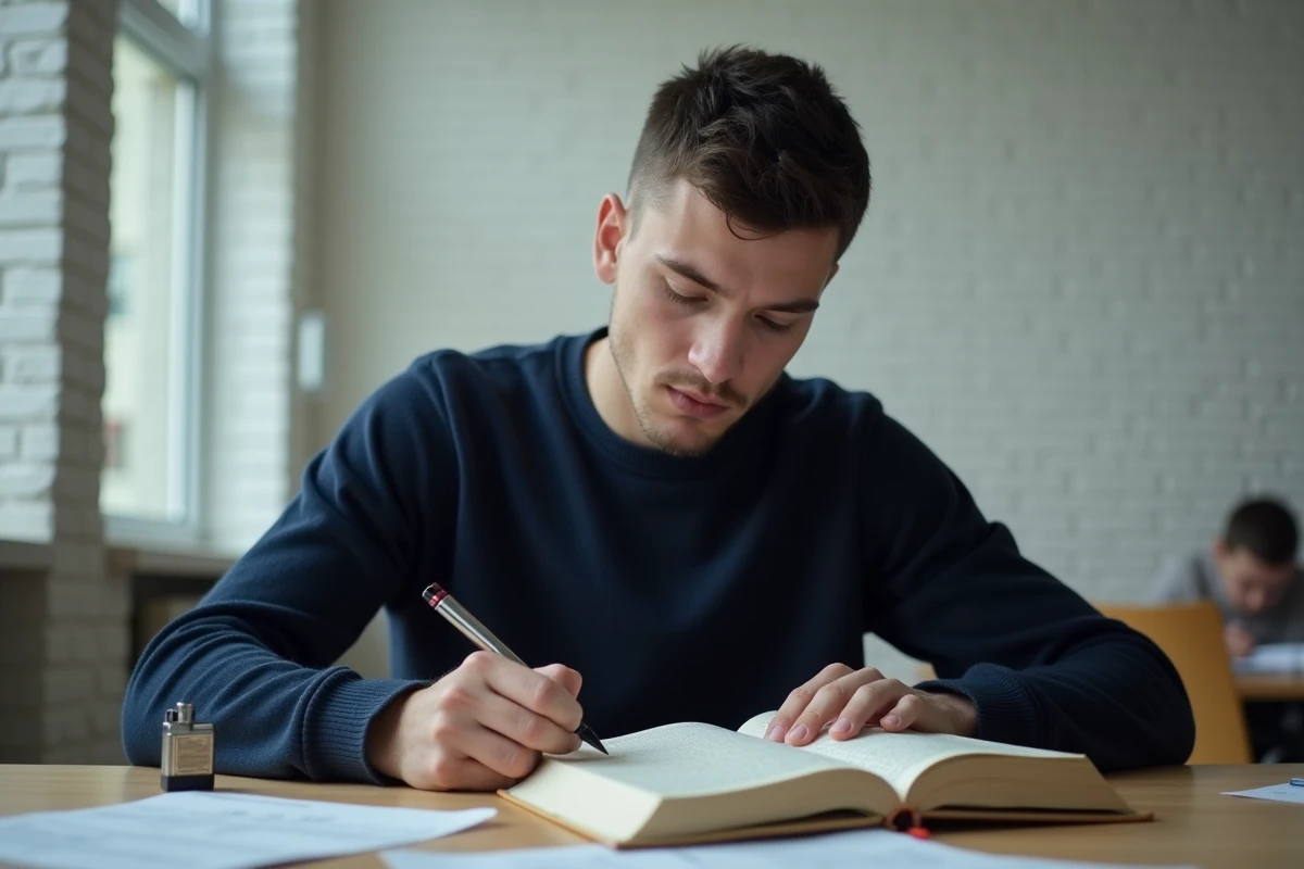 Homme étudiant le vocabulaire anglais avec un dictionnaire et un briquet sur son bureau, pour apprendre la différence entre briquet et lighter
