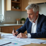 Homme d'âge moyen en costume bleu examinant des documents financiers