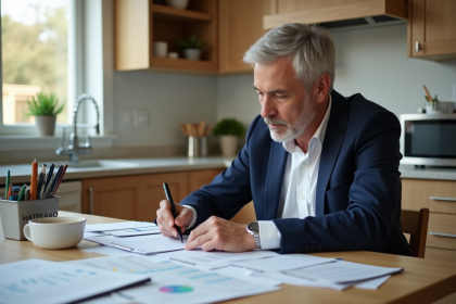 Homme d'âge moyen en costume bleu examinant des documents financiers