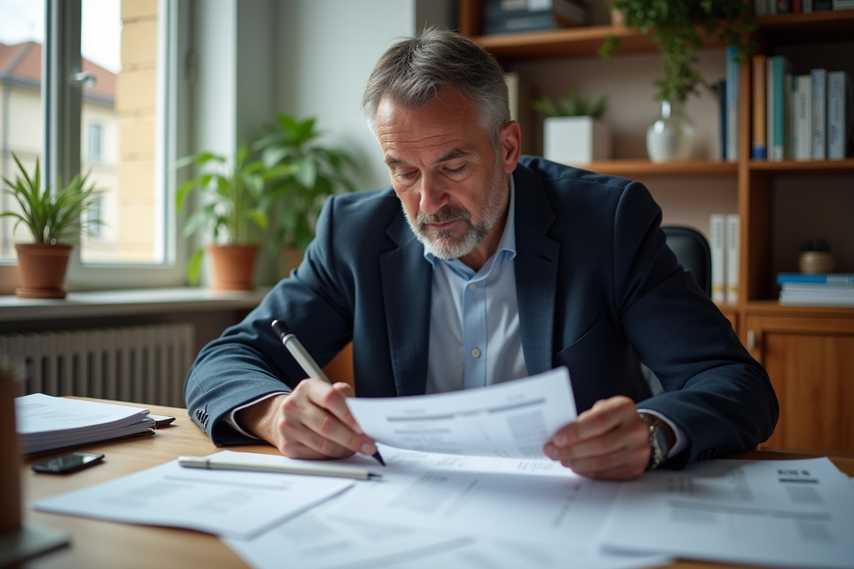 Homme en costume examine listes de prix dans son bureau