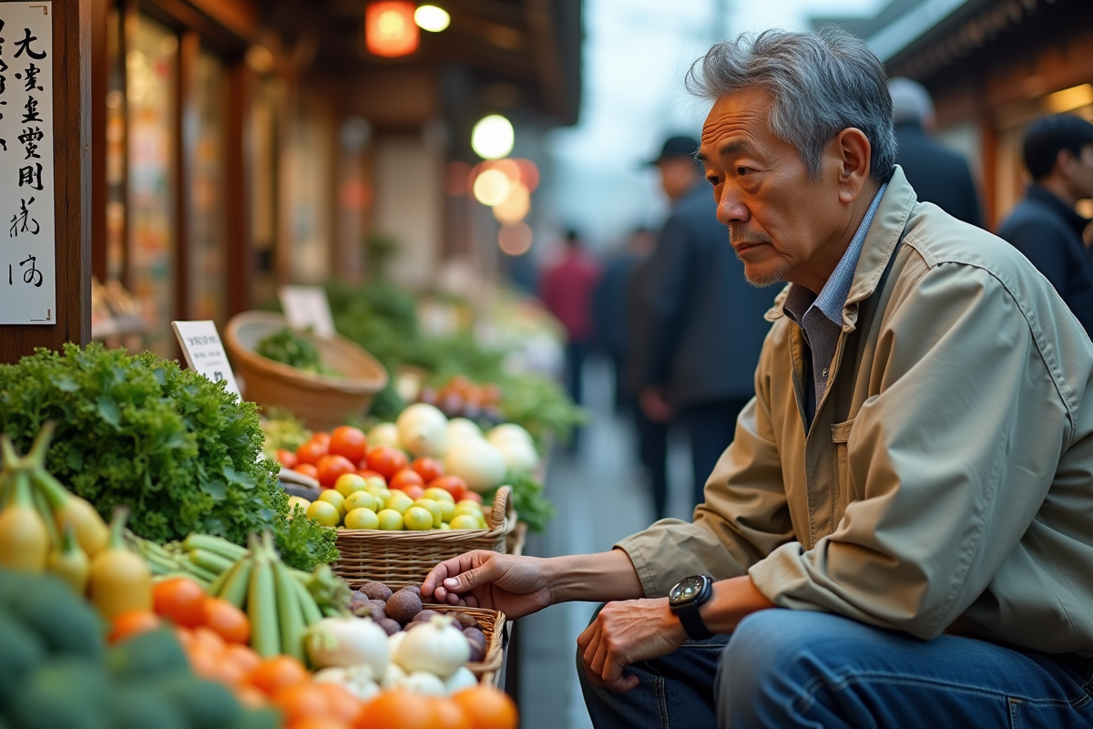 Homme japonais inspectant des légumes au marché en plein air