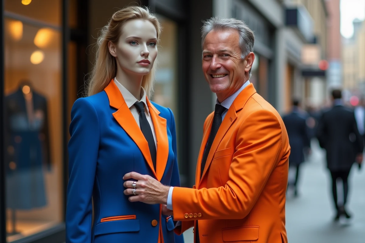 Créateur de mode urbain ajustant un mannequin en ville