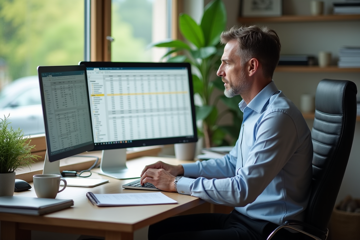 Homme créant un budget familial sur son ordinateur à domicile