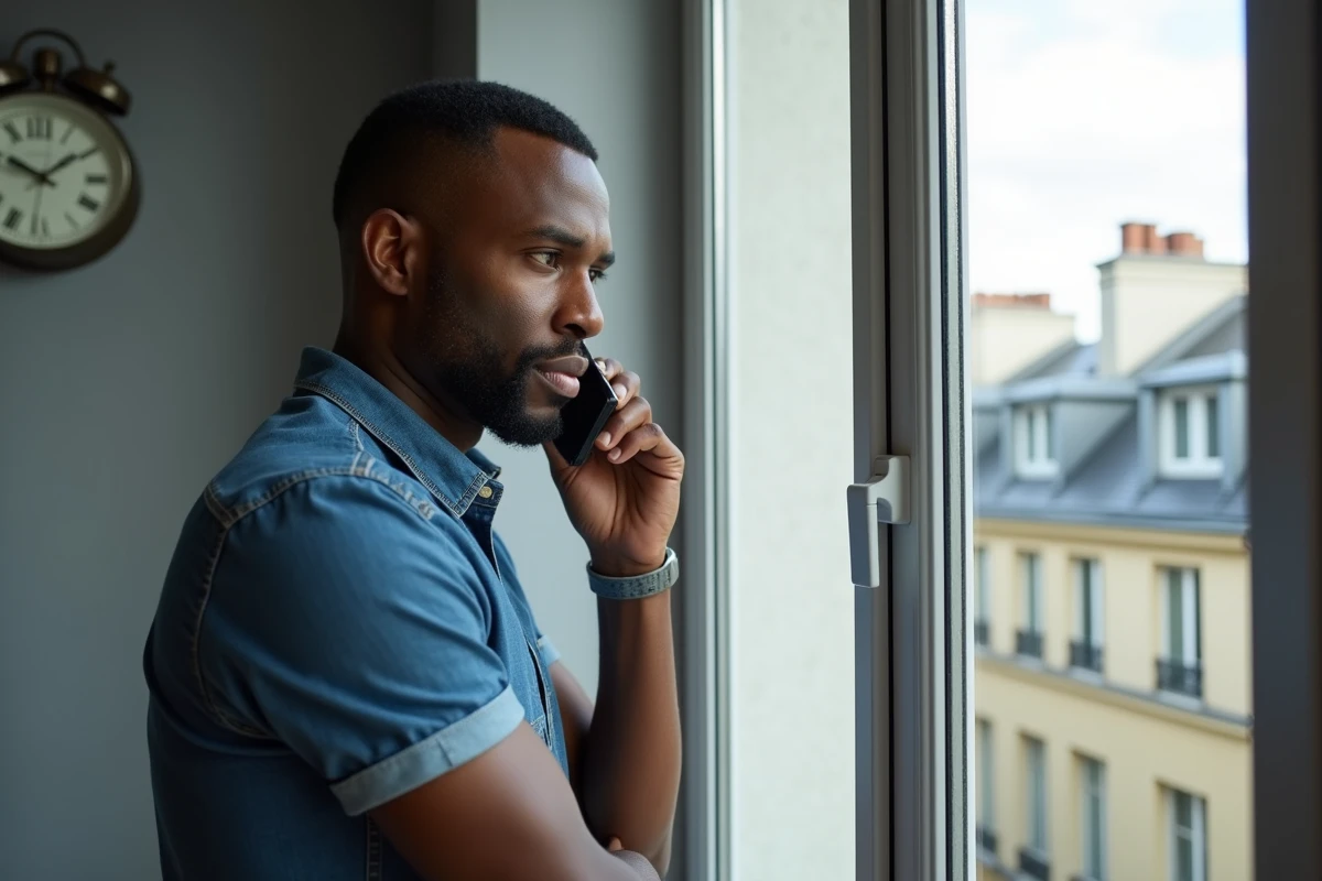 Homme à Paris passant un appel téléphonique en regardant l'heure sur une horloge murale avant de contacter la Martinique