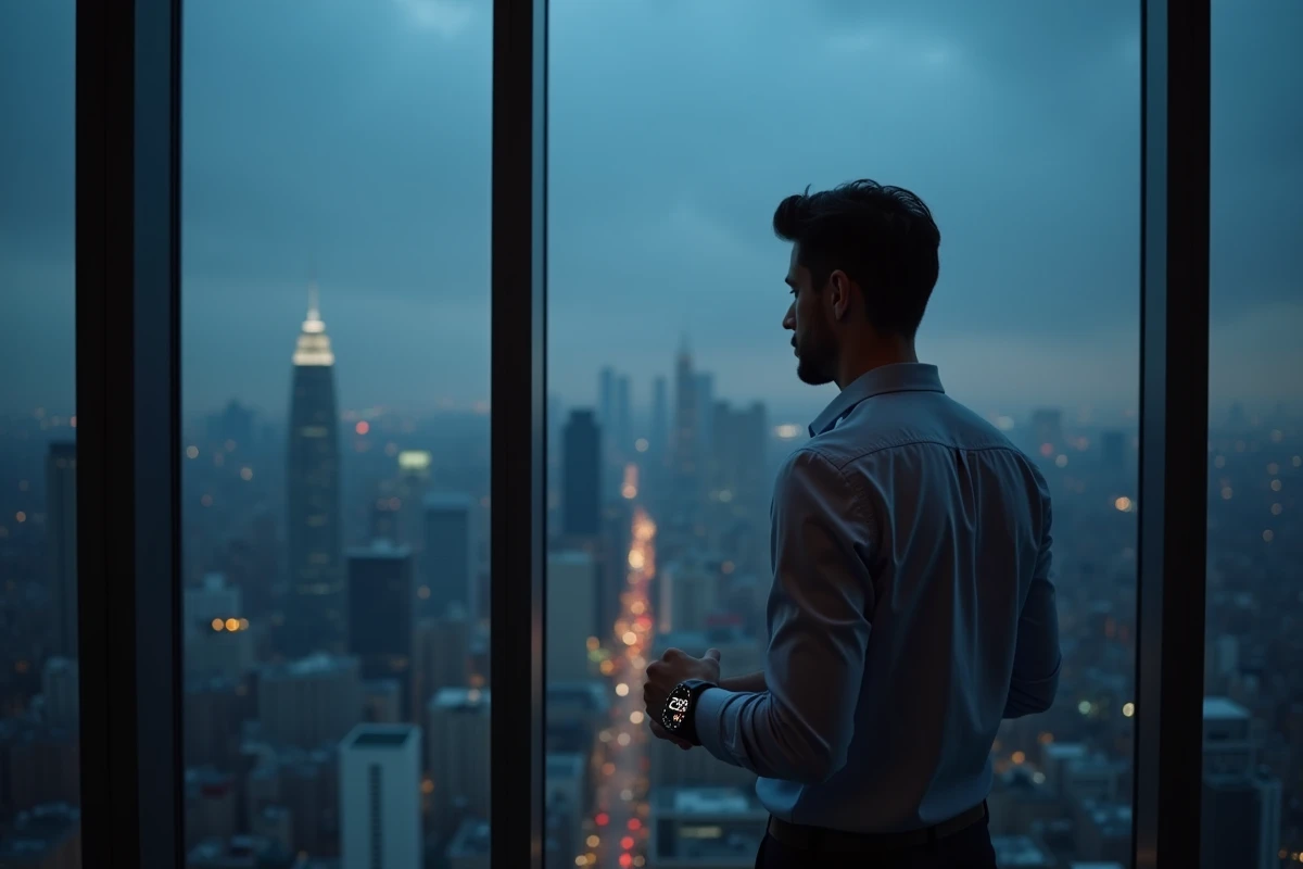 Homme regardant la ville la nuit en vérifiant sa montre