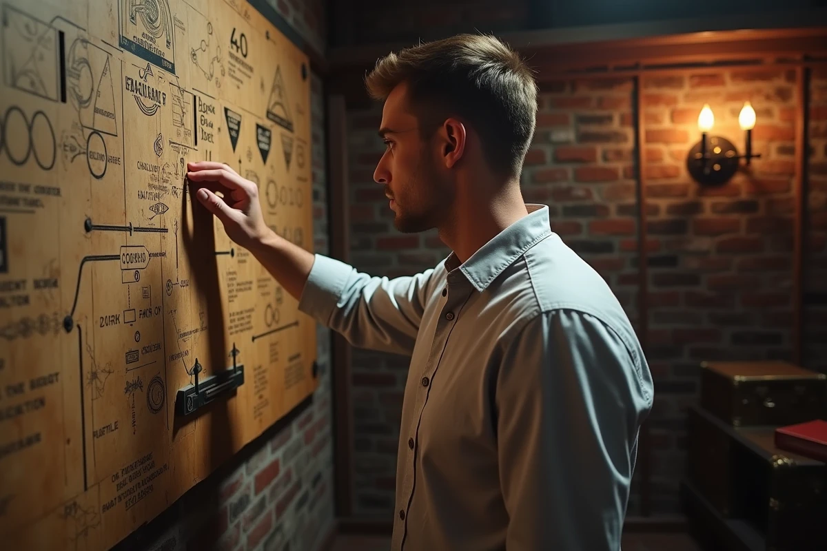 Jeune homme analyse une énigme dans une salle d