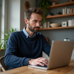 Homme détendu travaillant sur son ordinateur dans un appartement cosy