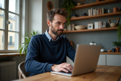 Homme détendu travaillant sur son ordinateur dans un appartement cosy