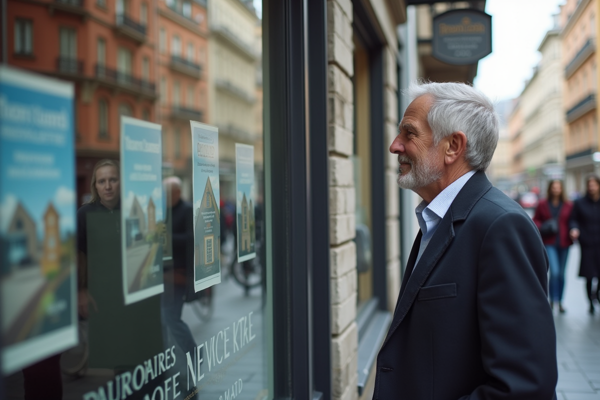 Homme regardant les annonces immobilières en ville