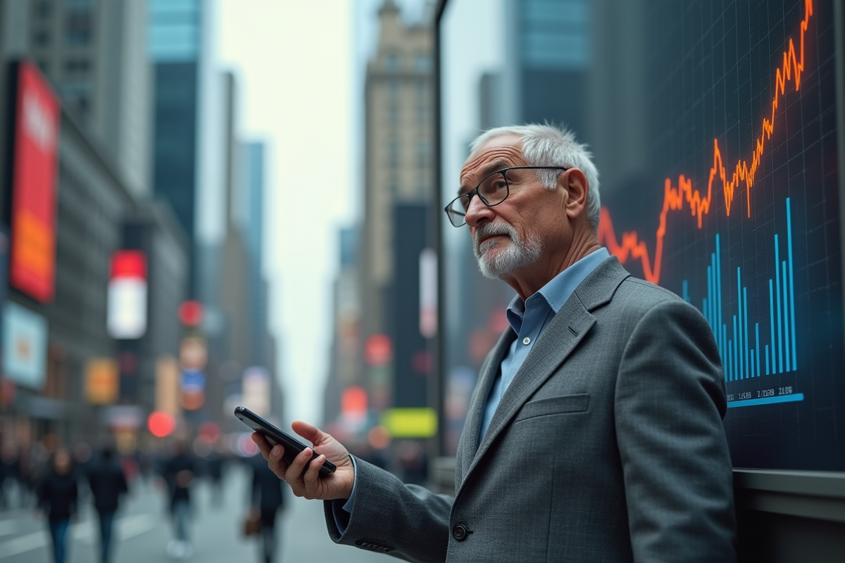 Homme d age regardant un graphique sur son smartphone en ville