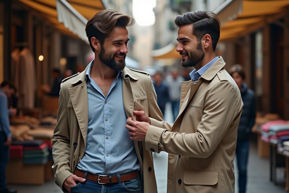 Homme touchant une chemise dans un marché urbain