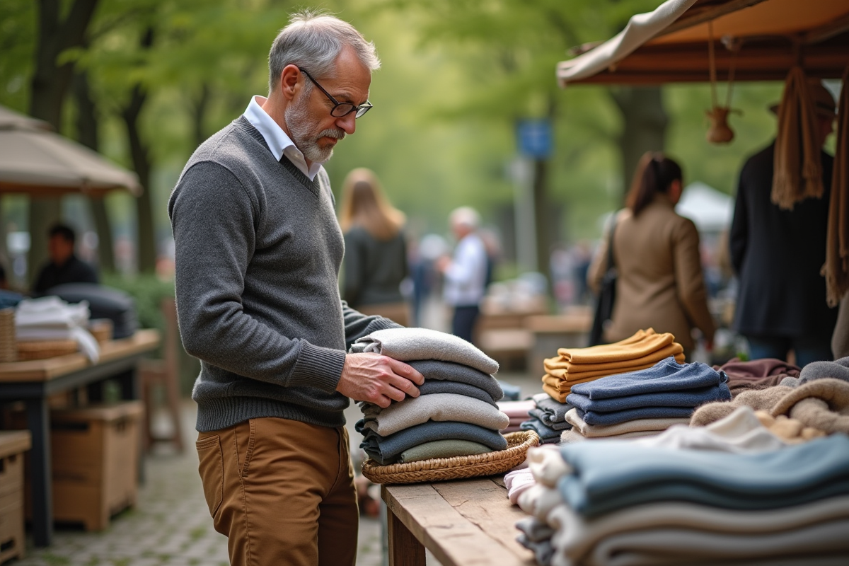Homme plie vêtements durables au marché en plein air