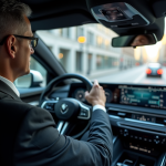 Homme d'affaires dans une voiture moderne et connectée