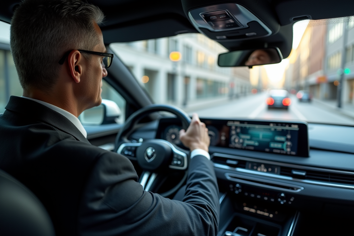 Homme d'affaires dans une voiture moderne et connectée