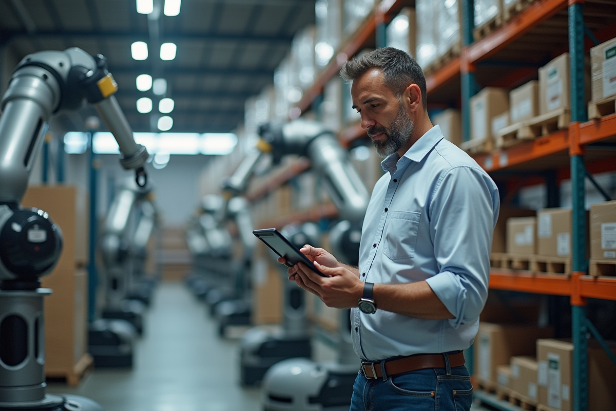 Homme d age moyen contrôlant un robot dans un entrepôt automatisé