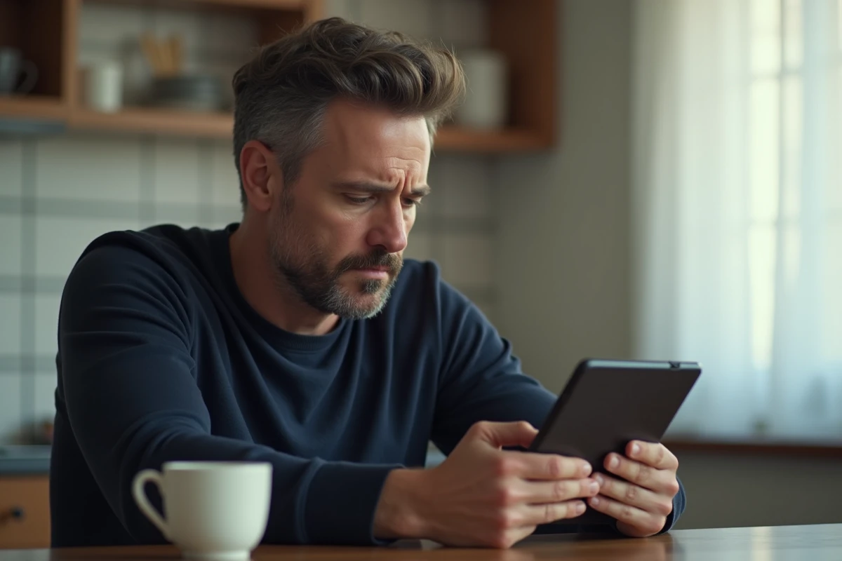 Homme consultant des avis en ligne pour identifier un numéro de téléphone suspect sur tablette