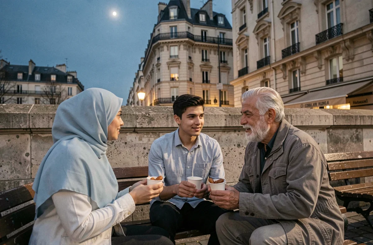 Groupe de musulmans partageant l'iftar dans une rue de Paris au coucher du soleil pendant le Ramadan 2026 avec des immeubles haussmanniens en arrière-plan