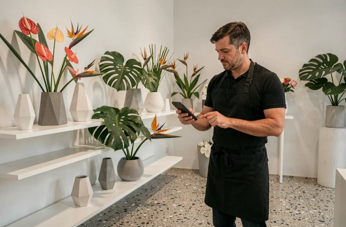 Boutique Imagine à Gagny avec des compositions florales architecturales d'anthuriums et de feuilles de monstera dans un décor minimaliste blanc