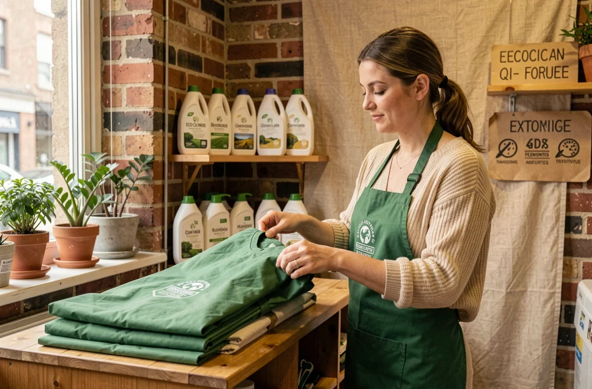 Employée d'Ines Pressing Ecologique manipulant des sacs de vêtements respectueux de l'environnement