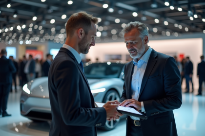 Ingénieur automobile devant voiture électrique futuriste