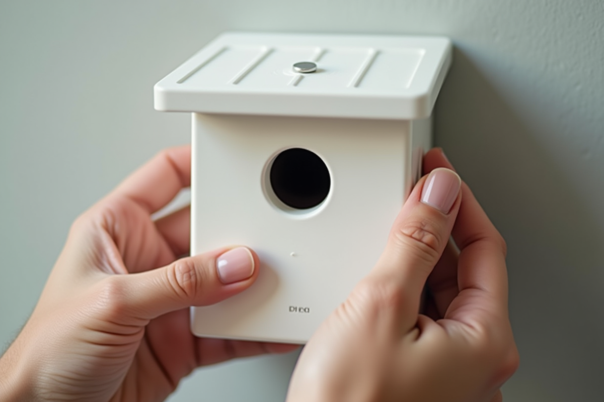 Mains inspectant un nichoir en PVC blanc de près