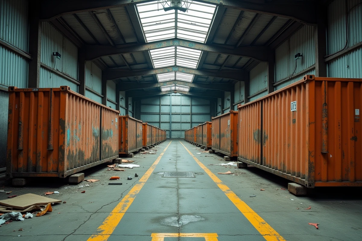 Vue grand angle de l'intérieur d'une déchetterie urbaine avec rangées de bennes industrielles pour déchets métalliques et encombrants