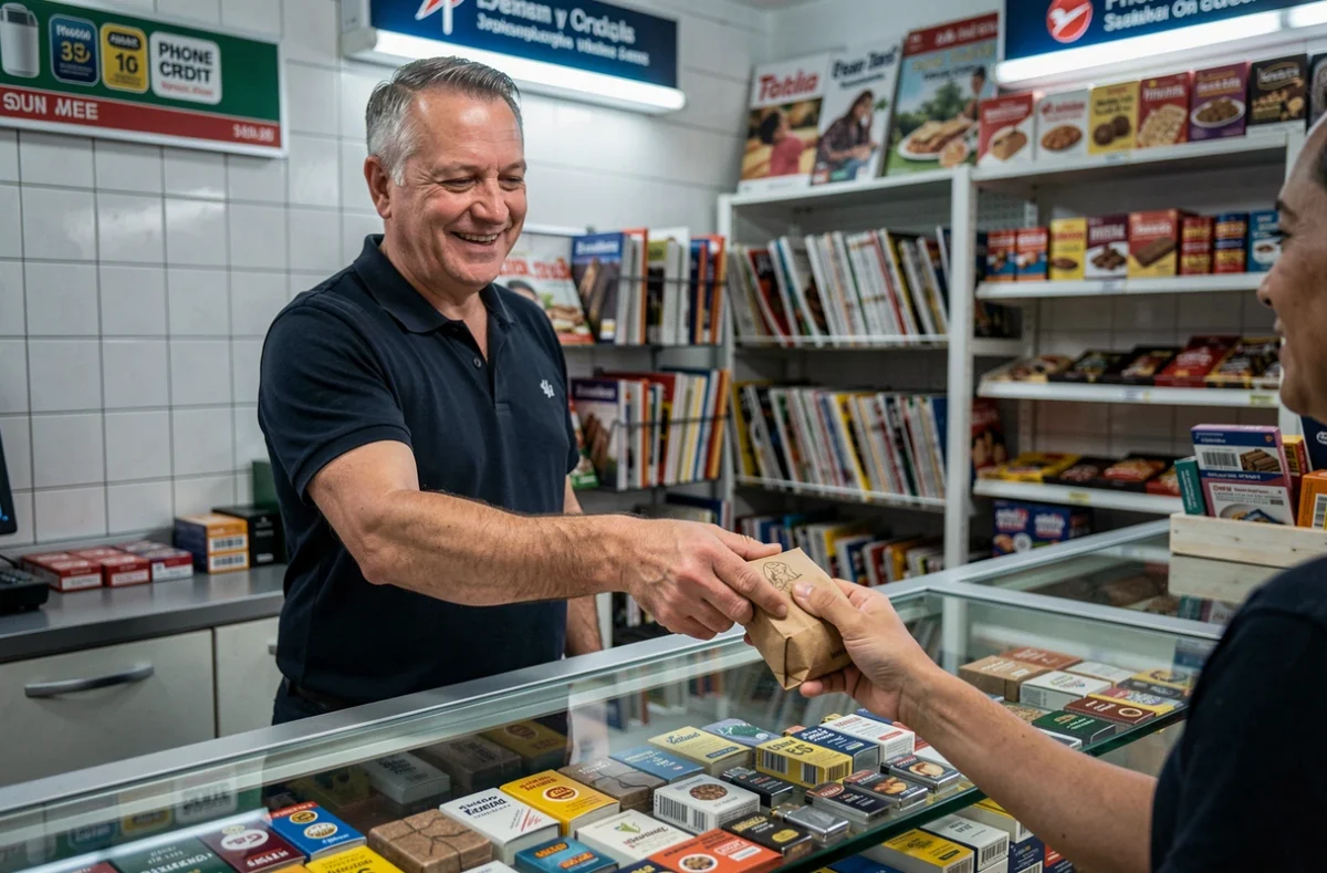 Comptoir d'un bureau de tabac avec vendeur remettant un achat à un client pressé