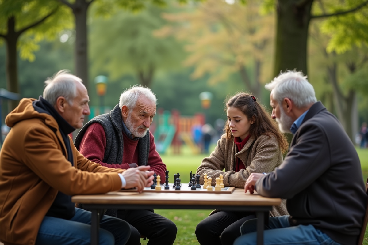 Quatre personnes jouent aux échecs dans un parc verdoyant