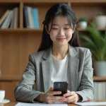 Jeune actrice asiatique en intérieur moderne avec smartphone