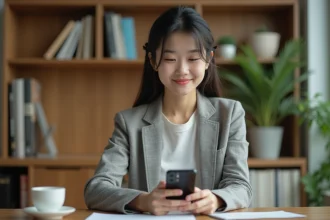 Jeune actrice asiatique en intérieur moderne avec smartphone