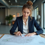 Jeune architecte analysant un plan urbain dans un bureau moderne