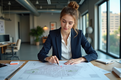 Jeune architecte analysant un plan urbain dans un bureau moderne