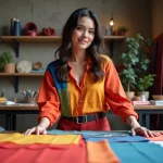 Jeune créatrice de mode en atelier avec tissus colorés