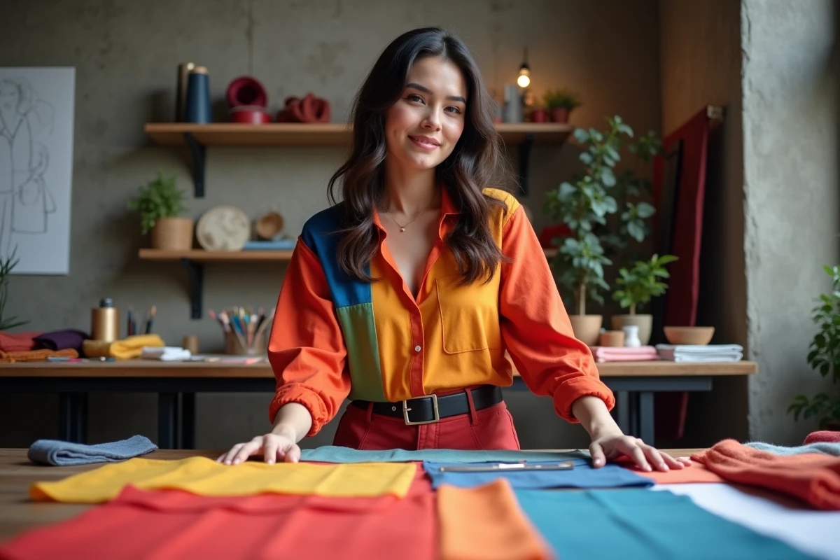 Jeune créatrice de mode en atelier avec tissus colorés