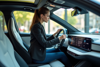 Jeune femme ingénieure automobile dans un studio moderne