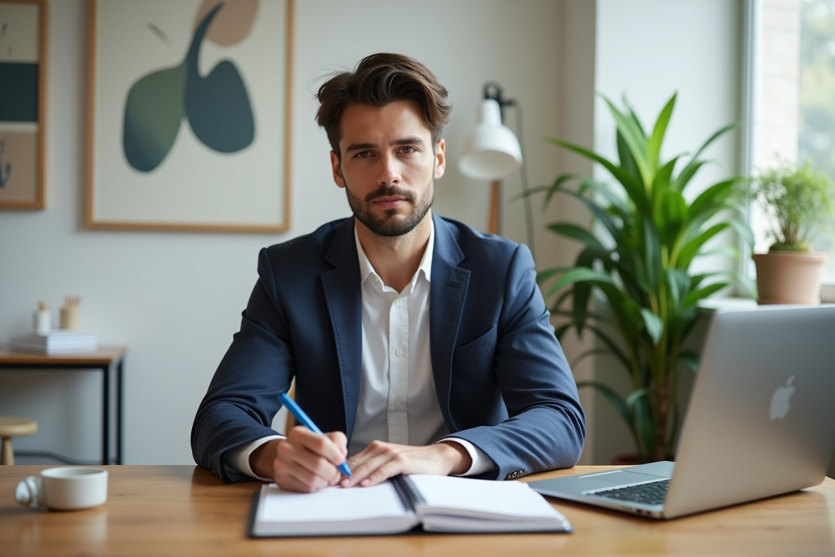 Jeune entrepreneur travaillant sur son ordinateur dans un bureau moderne