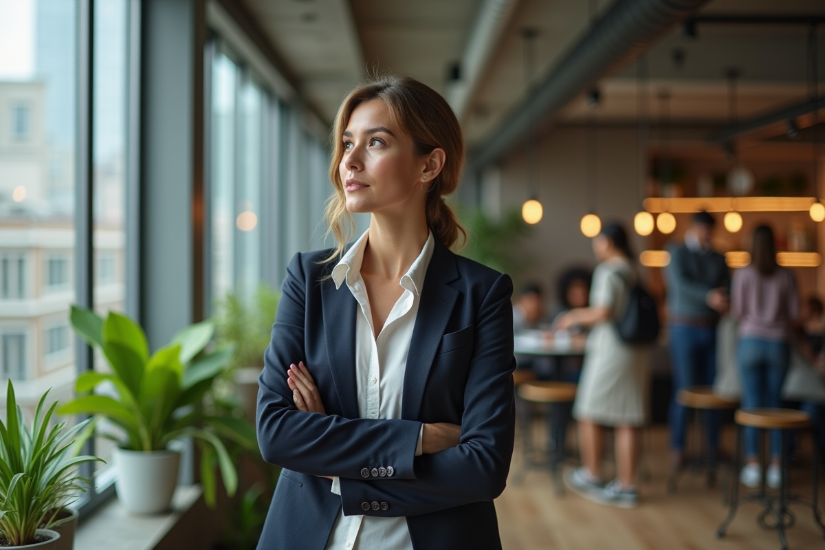 Jeune entrepreneure confiante dans un espace de coworking