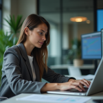 Jeune femme professionnelle travaillant sur un ordinateur dans un bureau moderne