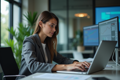 Jeune femme professionnelle travaillant sur un ordinateur dans un bureau moderne