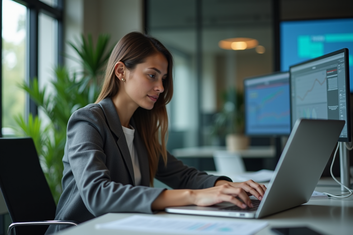 Jeune femme professionnelle travaillant sur un ordinateur dans un bureau moderne