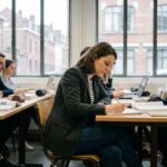 Jeune femme en classe à Lille prenant des notes attentivement