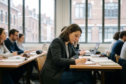 Jeune femme en classe à Lille prenant des notes attentivement