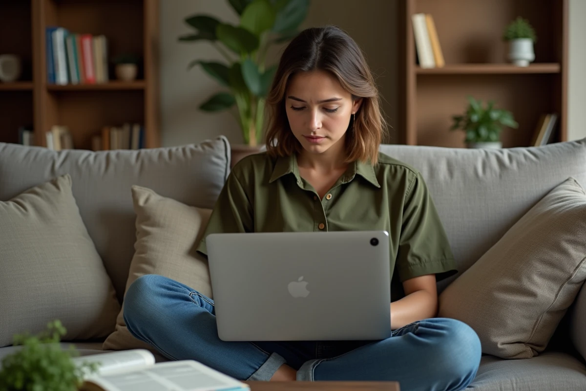 Jeune femme lisant sur un ordinateur portable des conseils sur l'accord grammatical de l'expression au sein de