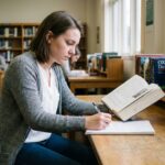 Jeune femme concentrée prenant des notes à la bibliothèque