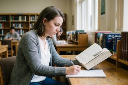 Jeune femme concentrée prenant des notes à la bibliothèque