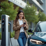 Jeune femme souriante près d'une voiture électrique en ville